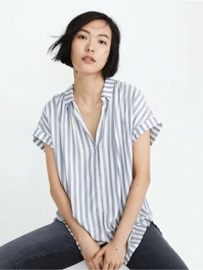 Madewell Gray and White Vertical Stripe Rolled-Sleeve Button-Down